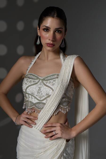 Buy_Jade By Ashima_Off White Organza, Shantoon Beads, Zari, Anna Pre-draped Saree With Blouse _Online_at_Aza_Fashions