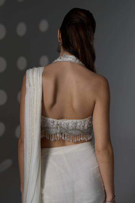 Shop_Jade By Ashima_Off White Organza, Shantoon Beads, Zari, Anna Pre-draped Saree With Blouse _Online_at_Aza_Fashions