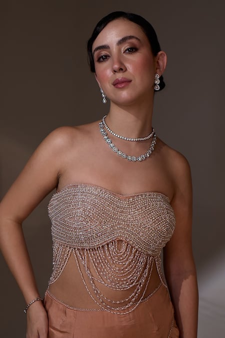 Shop_Jade By Ashima_Peach Satin, Organza, Shantoon Beads, Embroidery Qulara Draped Lehenga With Top _Online_at_Aza_Fashions