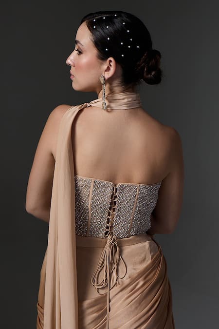 Shop_Jade By Ashima_Gold Satin, Crepe, Organza, Shantoon Embroidery, Beads, Amelia Corset Pant Set _Online_at_Aza_Fashions