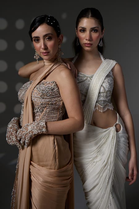 Jade By Ashima_Gold Satin, Crepe, Organza, Shantoon Embroidery, Beads, Amelia Corset Pant Set _at_Aza_Fashions