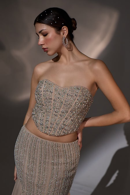 Shop_Jade By Ashima_Beige Organza, Shantoon Beads, Embroidery, Sequins Fiona Corset Lehenga Set _Online_at_Aza_Fashions