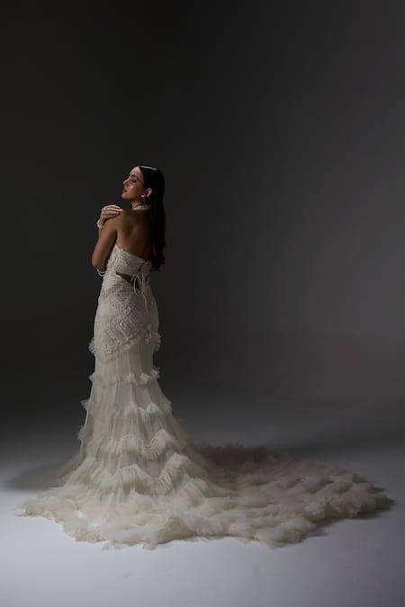 Jade By Ashima_Gray Organza, Net, Shantoon Crystals, Pearls, Embroidery Helena Fish Cut Gown _Online_at_Aza_Fashions