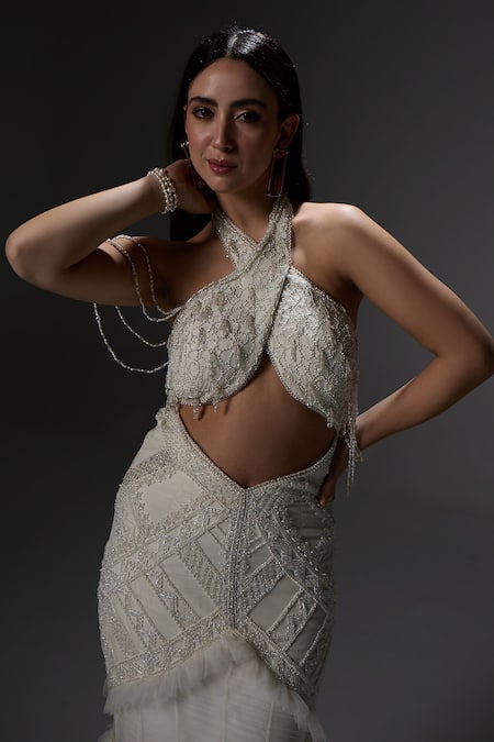 Buy_Jade By Ashima_Gray Organza, Net, Shantoon Crystals, Pearls, Embroidery Helena Fish Cut Gown _Online_at_Aza_Fashions