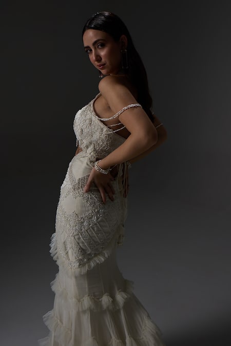 Shop_Jade By Ashima_Gray Organza, Net, Shantoon Crystals, Pearls, Embroidery Helena Fish Cut Gown _Online_at_Aza_Fashions