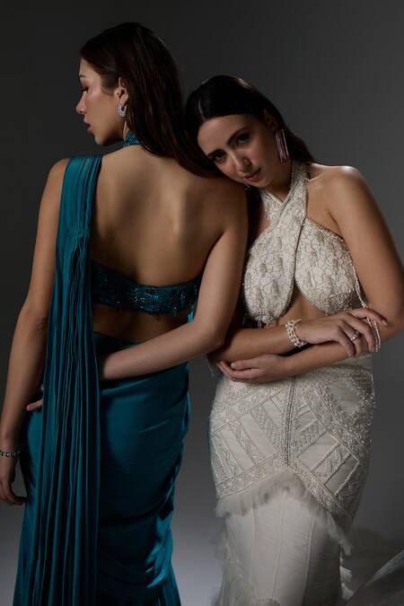 Jade By Ashima_Gray Organza, Net, Shantoon Crystals, Pearls, Embroidery Helena Fish Cut Gown _at_Aza_Fashions