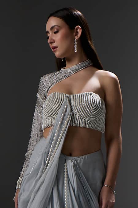 Buy_Jade By Ashima_Gray Organza, Shantoon Beads, Pearls, Embroidery Elsie Draped Saree With Blouse _Online_at_Aza_Fashions