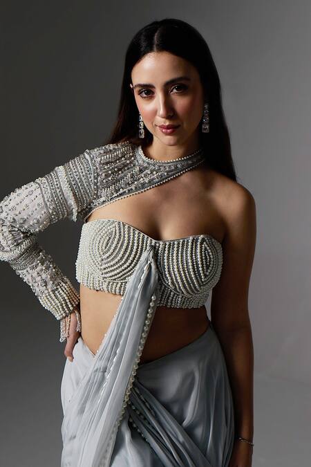 Shop_Jade By Ashima_Gray Organza, Shantoon Beads, Pearls, Embroidery Elsie Draped Saree With Blouse _Online_at_Aza_Fashions