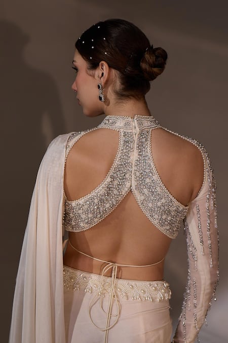 Jade By Ashima_Off White Chinon, Organza, Shantoon, Cotton Magnolia Draped Saree With Blouse _Online_at_Aza_Fashions