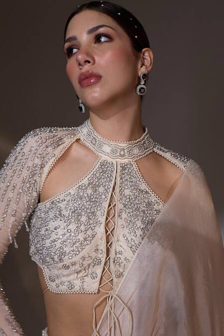 Buy_Jade By Ashima_Off White Chinon, Organza, Shantoon, Cotton Magnolia Draped Saree With Blouse _Online_at_Aza_Fashions