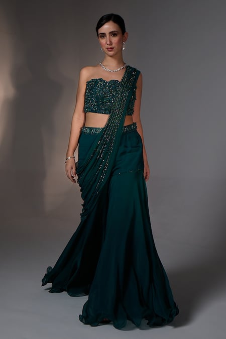 Jade By Ashima_Teal Organza, Shantoon Embroidery, Beads, Sequins Nora Corset Sharara Set _Online_at_Aza_Fashions