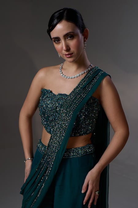 Buy_Jade By Ashima_Teal Organza, Shantoon Embroidery, Beads, Sequins Nora Corset Sharara Set _Online_at_Aza_Fashions