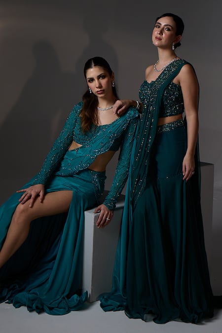 Shop_Jade By Ashima_Teal Organza, Shantoon Embroidery, Beads, Sequins Nora Corset Sharara Set _Online_at_Aza_Fashions