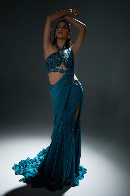 Buy_Jade By Ashima_Teal Crepe, Organza, Shantoon Pearls, Crystals, Georgia Draped Saree With Blouse _Online_at_Aza_Fashions