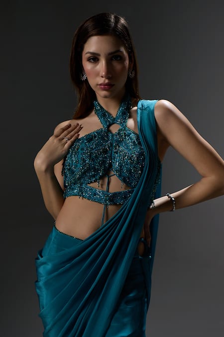 Shop_Jade By Ashima_Teal Crepe, Organza, Shantoon Pearls, Crystals, Georgia Draped Saree With Blouse _Online_at_Aza_Fashions