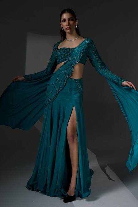 Buy_Jade By Ashima_Green Organza, Crepe, Shantoon Crystals, Pearls, Sarah Draped Saree With Blouse _Online_at_Aza_Fashions