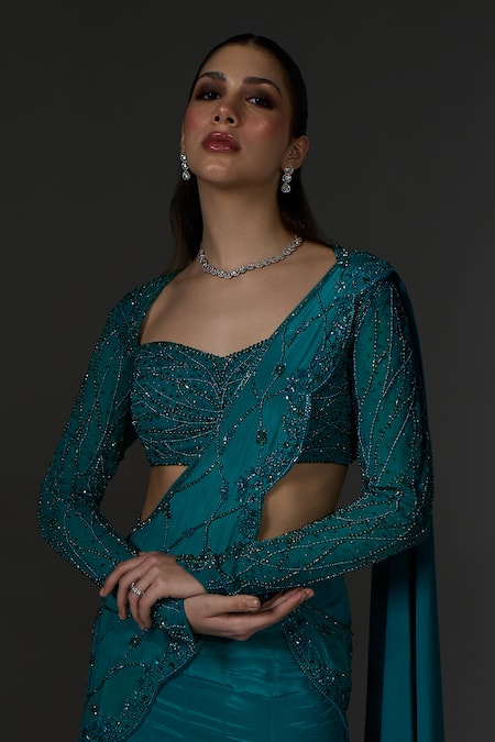 Jade By Ashima_Green Organza, Crepe, Shantoon Crystals, Pearls, Sarah Draped Saree With Blouse _at_Aza_Fashions