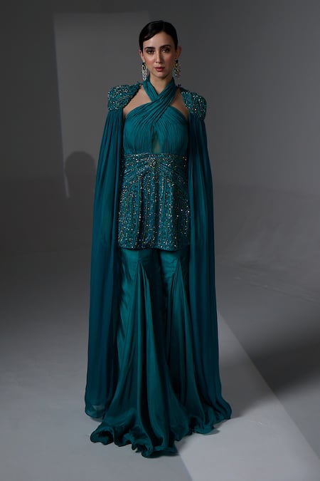 Buy_Jade By Ashima_Teal Organza, Shantoon Embroidery, Beads Halter Neck Alma Kurta Sharara Set _Online_at_Aza_Fashions
