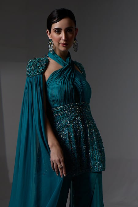 Jade By Ashima_Teal Organza, Shantoon Embroidery, Beads Halter Neck Alma Kurta Sharara Set _at_Aza_Fashions