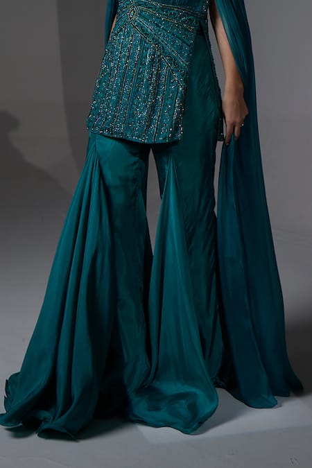 Buy_Jade By Ashima_Teal Organza, Shantoon Embroidery, Beads Halter Neck Alma Kurta Sharara Set 