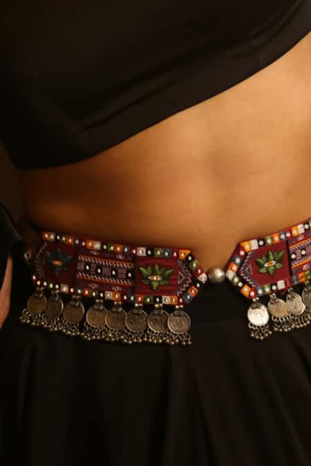 Buy_NAKHREWAALI_Maroon Embroidery, Beads, Mirrors, Sequins, Stones Maja Belt _Online_at_Aza_Fashions