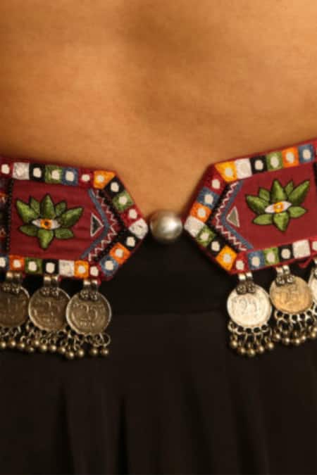 Shop_NAKHREWAALI_Maroon Embroidery, Beads, Mirrors, Sequins, Stones Maja Belt _Online_at_Aza_Fashions