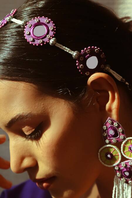 NAKHREWAALI_Purple Mirrors, Beads, Embroidery Tajdaar Headband _Online_at_Aza_Fashions