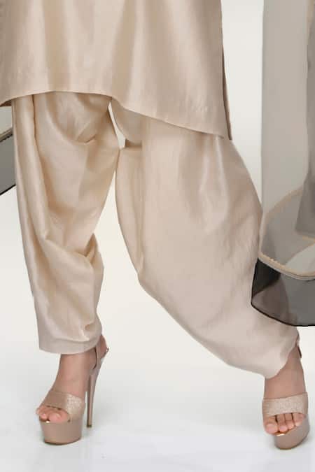 Ranian_Beige Silk, Organza Embroidery Round Neck Kurta And Dhoti Salwar Set _Online_at_Aza_Fashions