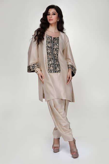 Buy_Ranian_Beige Silk, Organza Embroidery Round Neck Kurta And Dhoti Salwar Set _Online_at_Aza_Fashions