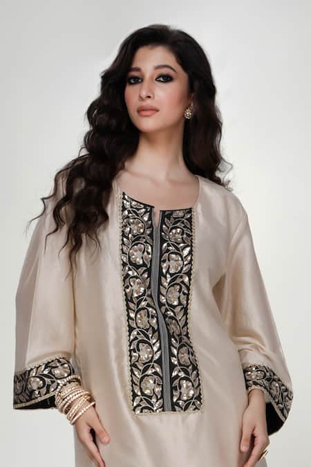 Shop_Ranian_Beige Silk, Organza Embroidery Round Neck Kurta And Dhoti Salwar Set _Online_at_Aza_Fashions