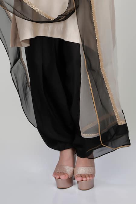 Ranian_Beige Silk, Organza Embroidery, Mirrors Round Dogri Kurta And Dhoti Salwar Set _Online_at_Aza_Fashions