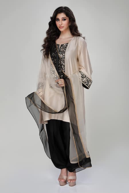 Buy_Ranian_Beige Silk, Organza Embroidery, Mirrors Round Dogri Kurta And Dhoti Salwar Set _Online_at_Aza_Fashions