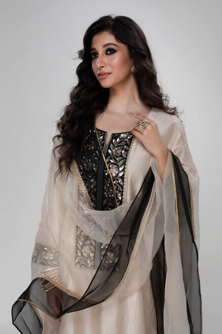 Shop_Ranian_Beige Silk Embroidery, Mirrors, Sequins Round Dogri Kurta And Dhoti Salwar Set  _Online_at_Aza_Fashions