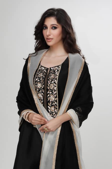 Shop_Ranian_Black , Organza Embroidery Round Neck Dogri Kurta And Dhoti Salwar Set _Online_at_Aza_Fashions