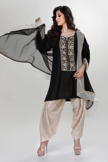 Ranian Black Silk, Organza Embroidery Round Neck Dogri Kurta And Dhoti Salwar Set Online at Aza Fashions Ranian_Black Silk, Organza Embroidery Round Neck Dogri Kurta And Dhoti Salwar Set _Online_at_Aza_Fashions