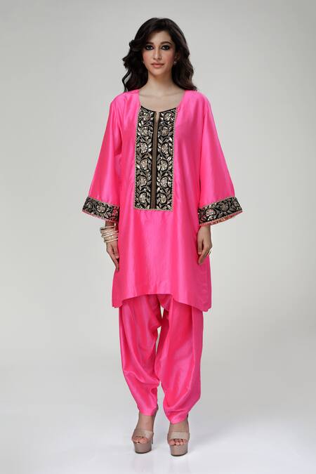 Ranian_Pink Silk, Organza Embroidery Round Neck Dogri Kurta And Dhoti Salwar Set  _Online_at_Aza_Fashions