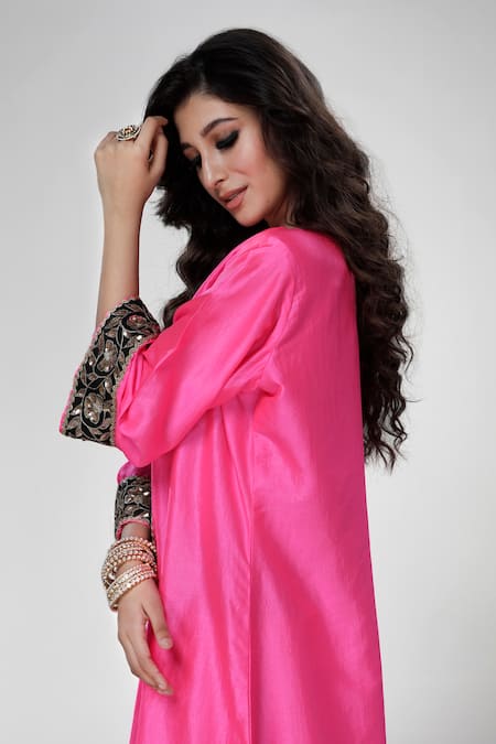 Shop_Ranian_Pink Silk Embroidery, Sequins Square Neck Dogri Kurta And Dhoti Salwar Set _Online_at_Aza_Fashions