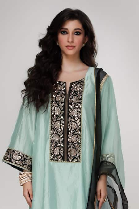 Shop Ranian Blue Silk, Organza Embroidery, Zari Round Neck Dogri Kurta And Dhoti Salwar Set Online at Aza Fashions Shop_Ranian_Blue Silk, Organza Embroidery, Zari Round Neck Dogri Kurta And Dhoti Salwar Set _Online_at_Aza_Fashions