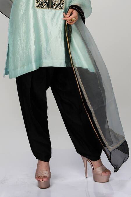 Ranian_Sky Blue Silk, Organza Embroidery Round Neck Dogri Kurta And Dhoti Salwar Set _Online_at_Aza_Fashions
