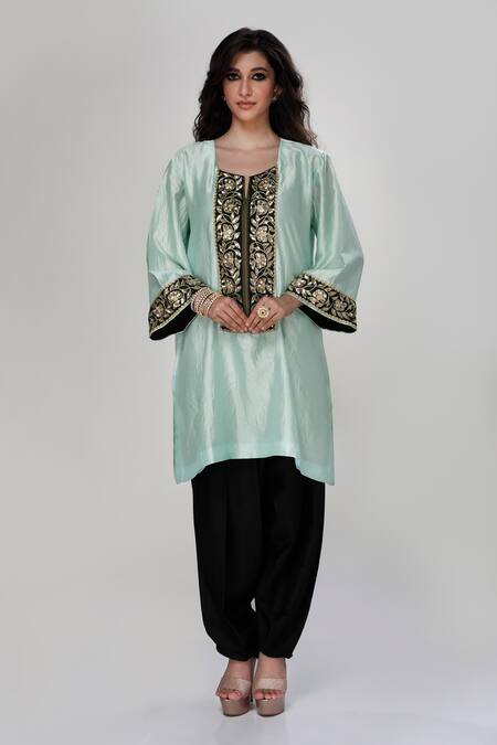 Buy_Ranian_Sky Blue Silk, Organza Embroidery Round Neck Dogri Kurta And Dhoti Salwar Set _Online_at_Aza_Fashions