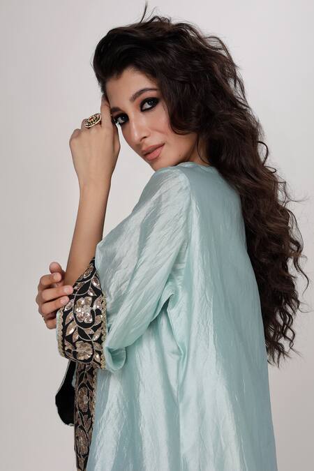 Shop_Ranian_Sky Blue Silk, Organza Embroidery Round Neck Dogri Kurta And Dhoti Salwar Set _Online_at_Aza_Fashions