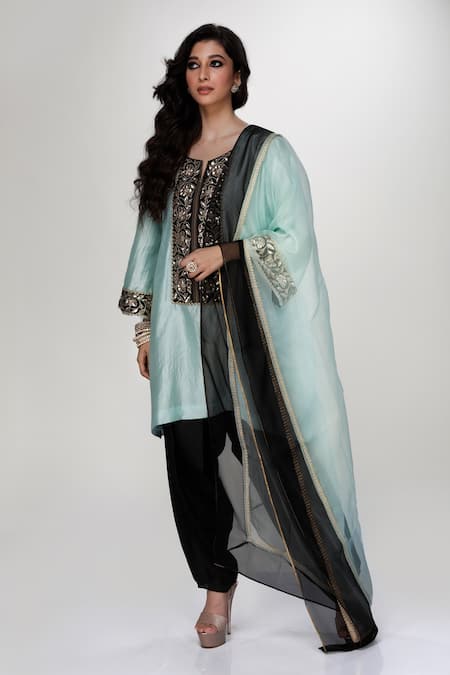 Ranian_Sky Blue Silk, Organza Embroidery Round Neck Dogri Kurta And Dhoti Salwar Set _at_Aza_Fashions