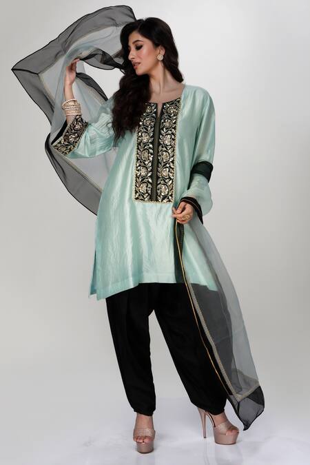 Buy_Ranian_Sky Blue Silk, Organza Embroidery Round Neck Dogri Kurta And Dhoti Salwar Set 