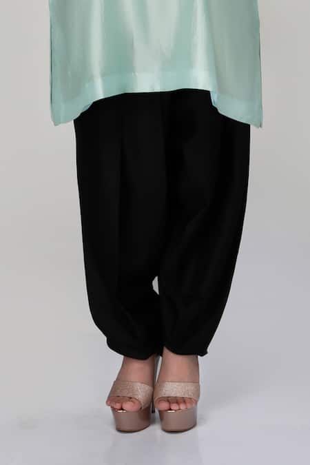 Ranian_Aqua Silk Embroidery, Sequins Square Wrinkled Dogri Kurta And Dhoti Salwar Set _Online_at_Aza_Fashions