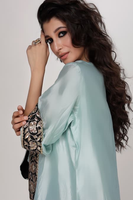 Buy_Ranian_Aqua Silk Embroidery, Sequins Square Wrinkled Dogri Kurta And Dhoti Salwar Set _Online_at_Aza_Fashions