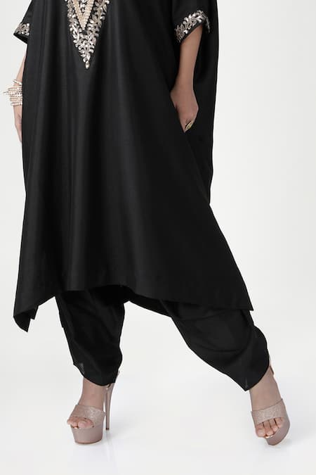 Ranian_Black Silk Sequins, Embroidery V-neck Embellished Kaftan And Dhoti Salwar Set _Online_at_Aza_Fashions