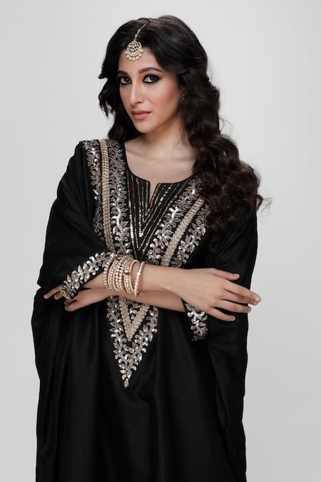 Shop_Ranian_Black Silk Sequins, Embroidery V-neck Embellished Kaftan And Dhoti Salwar Set _Online_at_Aza_Fashions