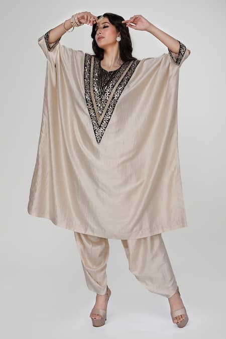Ranian_Beige Silk Embroidery, Sequins V-neck Wrinkled Kaftan With Dhoti Salwar _Online_at_Aza_Fashions