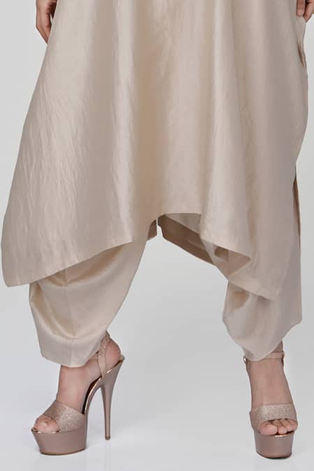 Buy_Ranian_Beige Silk Embroidery, Sequins V-neck Wrinkled Kaftan With Dhoti Salwar _Online_at_Aza_Fashions