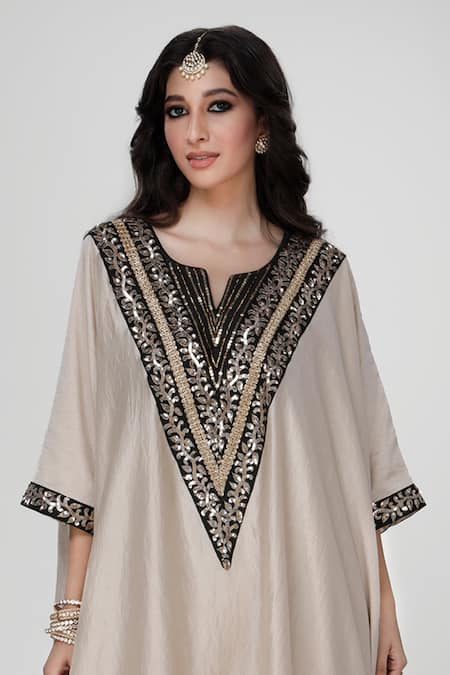 Shop_Ranian_Beige Silk Embroidery, Sequins V-neck Wrinkled Kaftan With Dhoti Salwar _Online_at_Aza_Fashions